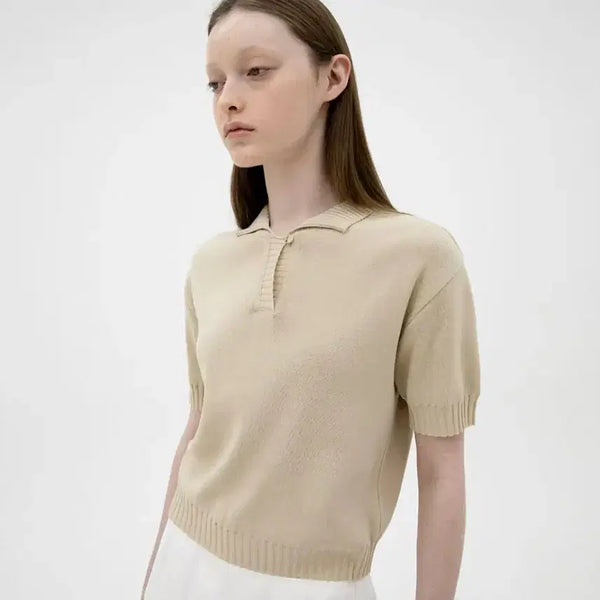 [BUNJANG] Riba Ribbed Collar Fine Knit - Beige / 르바 Ribbed Collar Fine Kint-베이지