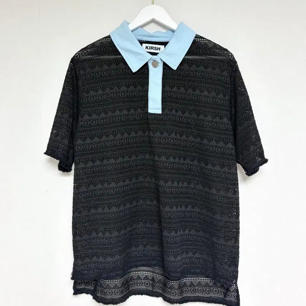 [BUNJANG] Kirsh Lace Color Block Short Sleeve Knit / 할인)) 키르시 레이스 배색 카라 반팔 니트