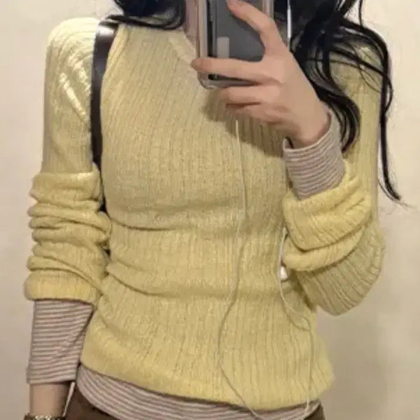 [BUNJANG] Yellow Striped Knit Layered Set / 울니트 소브르탑 세트 노랑색 니트 줄무늬 레이어드
