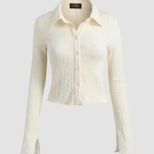 [BUNJANG] Bell Sleeve Crop Shirt - Ivory / 크롭 셔츠 아이보리TEXTURE SOLID BELL SLEEVE CROP