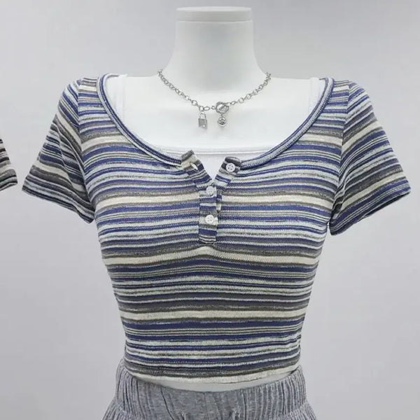 [BUNJANG] Striped U-Neck Button Knit Crop Short Sleeve / 유넥 단추 스트라이프 단가라 니트 크롭 반팔
