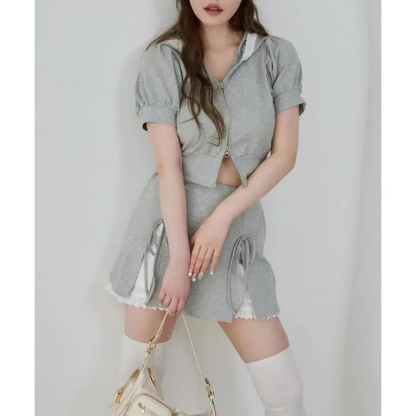 [BUNJANG] Niceclub Grey Hooded Zip-Up Skirt Set / 그레이 후드 집업 스커트 세트 레이스 나이스클럽 프릴 셋업