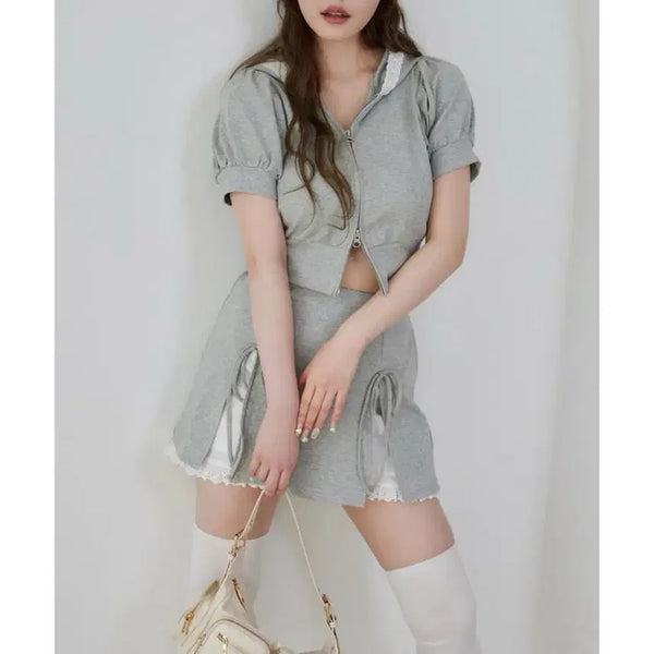[BUNJANG] Niceclub Grey Hooded Zip-Up Skirt Set / 그레이 후드 집업 스커트 세트 레이스 나이스클럽 프릴 셋업