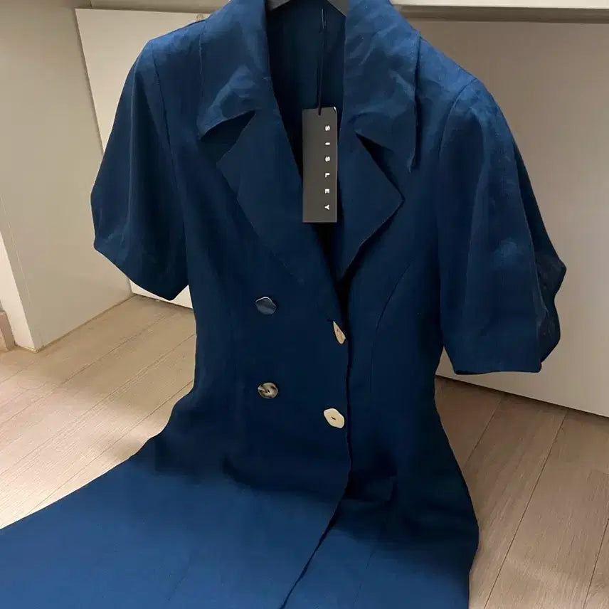 [BUNJANG] Sisley Linen Blend Flare Dress Navy Blue / 새상품) 시슬리 린넨혼방 빅카라 더블버튼포인트 플레어원피스 네이비블루반팔