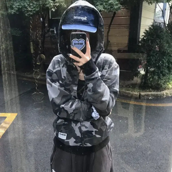 [BUNJANG] Black Camo High-Neck Semi-Oversized Zip-Up Hoodie / 하이넥 black camo 세미오버 후드집업 판매