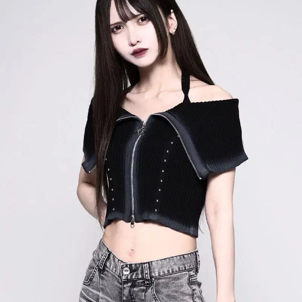 [BUNJANG] REFLEM Off-Shoulder Zipper Ribbed Knit Top / REFLEM 레플렘 오프숄더 베어탑 스타일 지퍼 골지 니트 탑