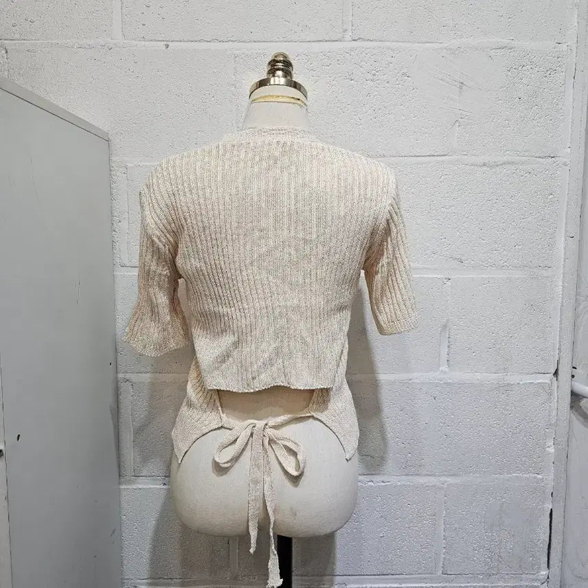 [BUNJANG] Knit Back Ribbon Detail Short Sleeve Cardigan - Ivory / 니트 뒷리본포인트 가디건 반팔- 아이보리