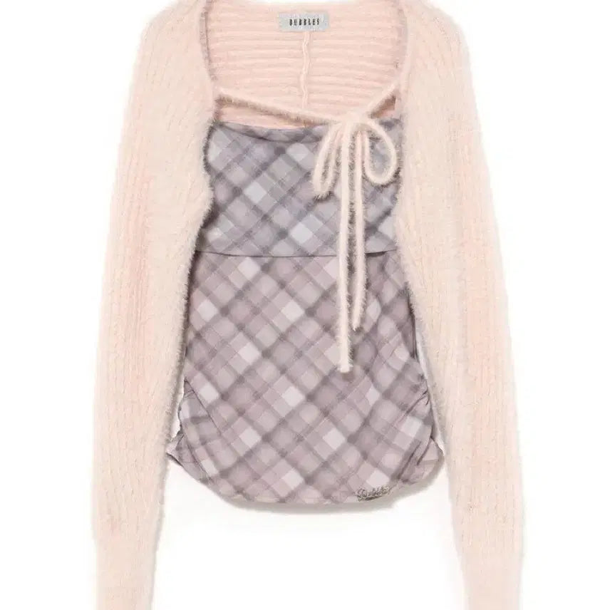 [BUNJANG] Bubbles Check Shirring Long Sleeve Crop Cardigan Set Bustier / 버블즈 체크 셔링 롱 슬리브 크롭 가디건 세트 뷔스티에 지뢰계 핑크