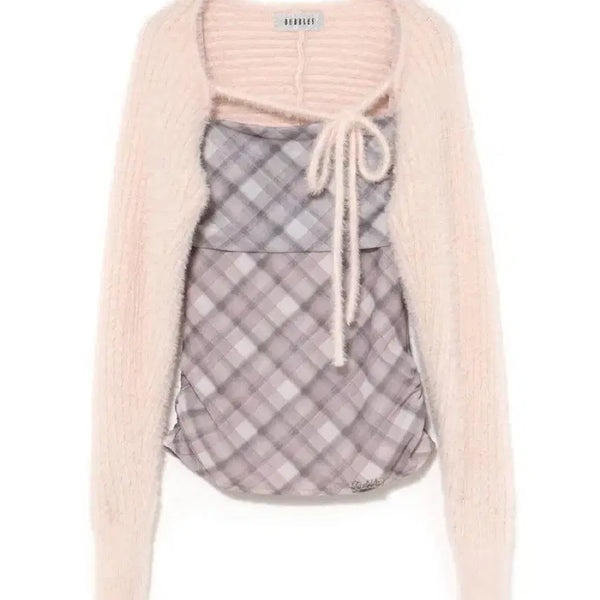 [BUNJANG] Bubbles Check Shirring Long Sleeve Crop Cardigan Set Bustier / 버블즈 체크 셔링 롱 슬리브 크롭 가디건 세트 뷔스티에 지뢰계 핑크