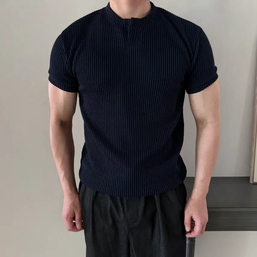 [BUNJANG] Men's Half Sleeve Knit Henry Neck Muscle Fit / 남자 헨리넥 머슬핏 반팔 니트
