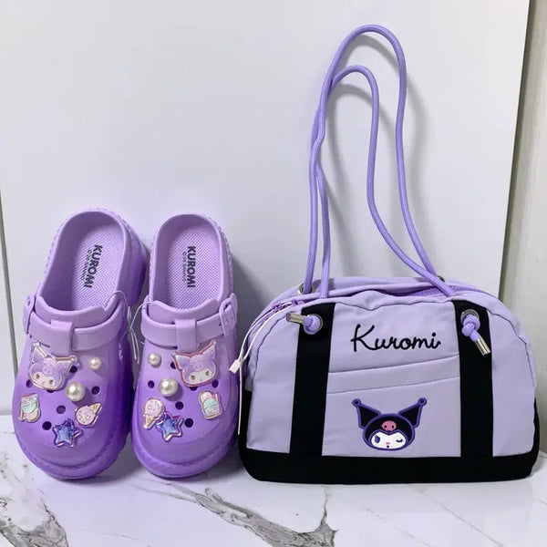 [BUNJANG] Sanrio Kuromi Purple Platform Crocs Slippers & Boston Bag Set / (2개일괄가격) 산리오 쿠로미 퍼플 통굽 크록스 슬리퍼 & 보스턴백