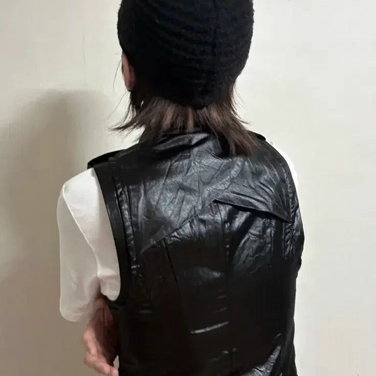 [BUNJANG] Japanese Vintage Goth Punk Rock Chic Black Leather Vest / 일본 빈티지 고스펑크 락시크 블랙 레더 조끼