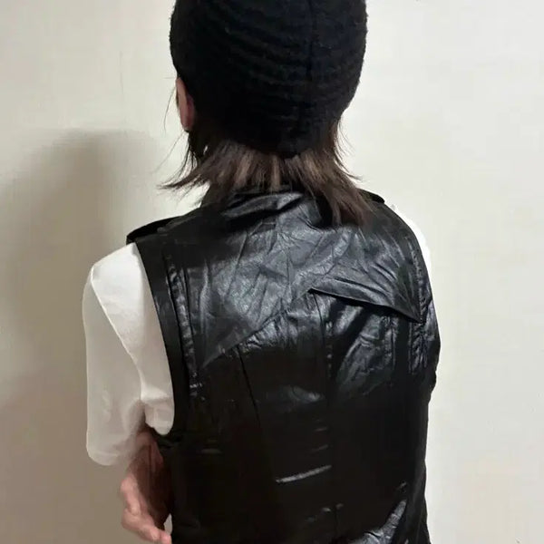 [BUNJANG] Japanese Vintage Goth Punk Rock Chic Black Leather Vest / 일본 빈티지 고스펑크 락시크 블랙 레더 조끼