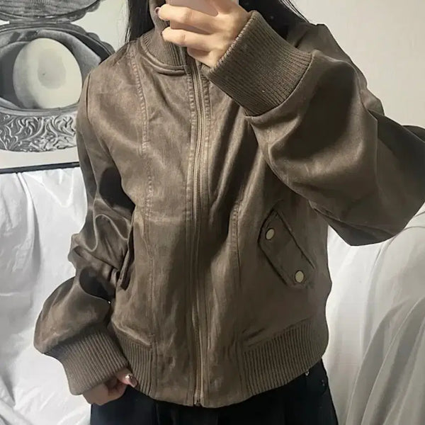 [BUNJANG] Vintage High-Neck Suede Jumper - Brown / 에이블리 빈티지 엔틱 하이넥 스웨이드 점퍼 브라운 색상