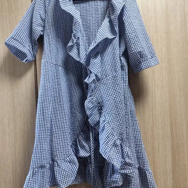 [BUNJANG] Blue Checkered Frill Wrap Dress / 블루 체크무늬 프릴 랩 원피스