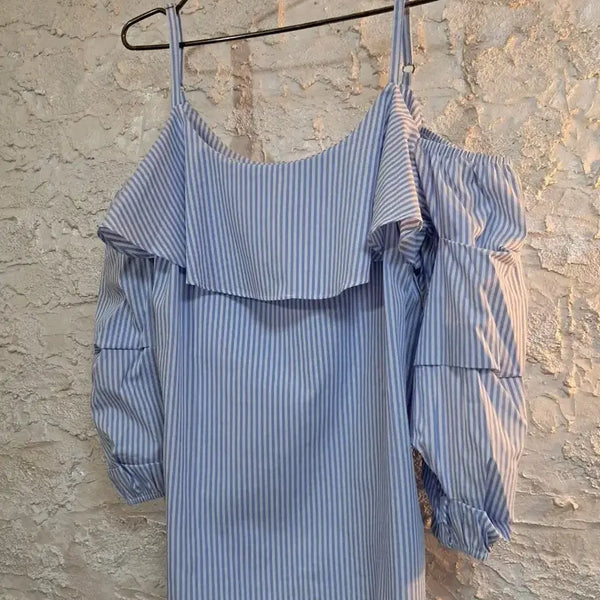 [BUNJANG] SUPPLY & DEMAND Striped Ruffle Off-Shoulder Blouse (US-Made) / (미국산)SUPPLY &DEMAND써플라이앤디멘드 프릴 오프숄더 블라우스