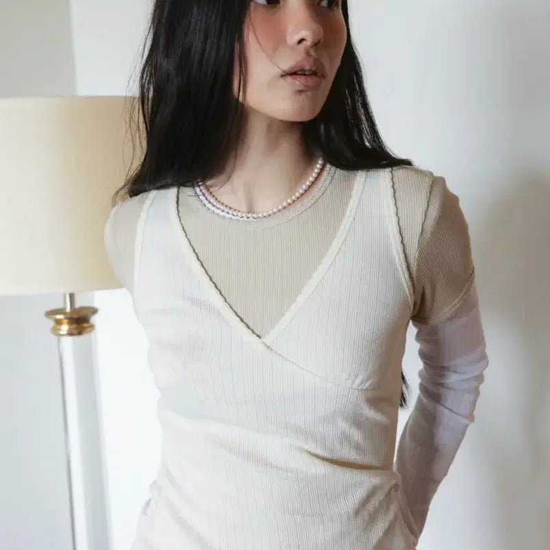[BUNJANG] Monoha Scallop Ribbed Jersey Short Sleeve T-Shirt Beige / 모노하 반팔 티셔츠 베이지
