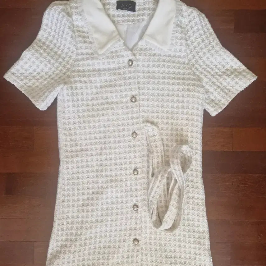 [BUNJANG] A&S Tweed Check Pearl Button Short Sleeve Midi Dress Ivory / A&S 트위드 체크 진주 금장 단추 반팔 원피스 아이보리