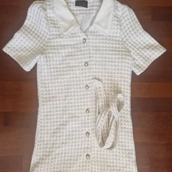 [BUNJANG] A&S Tweed Check Pearl Button Short Sleeve Midi Dress Ivory / A&S 트위드 체크 진주 금장 단추 반팔 원피스 아이보리