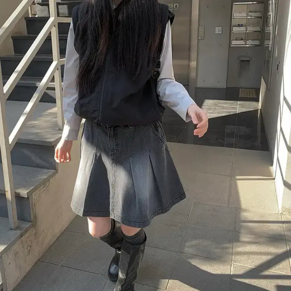 [BUNJANG] Denim Pleated Skirt (S) / 데님 플리츠 스커트 S