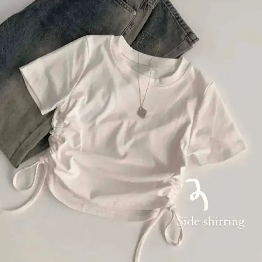 [BUNJANG] Ablley Side Shirring Crop Short Sleeve T-Shirt / 에이블리 옆셔링 크롭 반팔 티셔츠