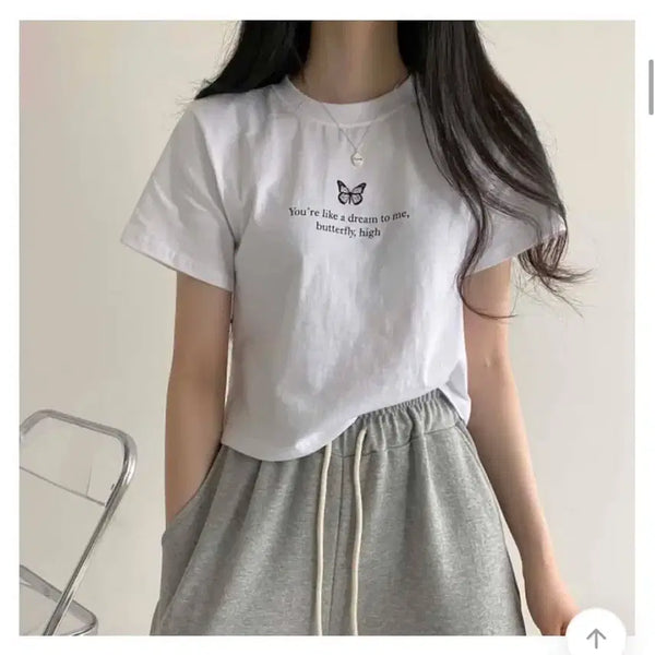[BUNJANG] Ablly Butterfly Printing Crop Short-Sleeve T-Shirt / 에이블리 나비 프린팅 크롭 반팔 티셔츠