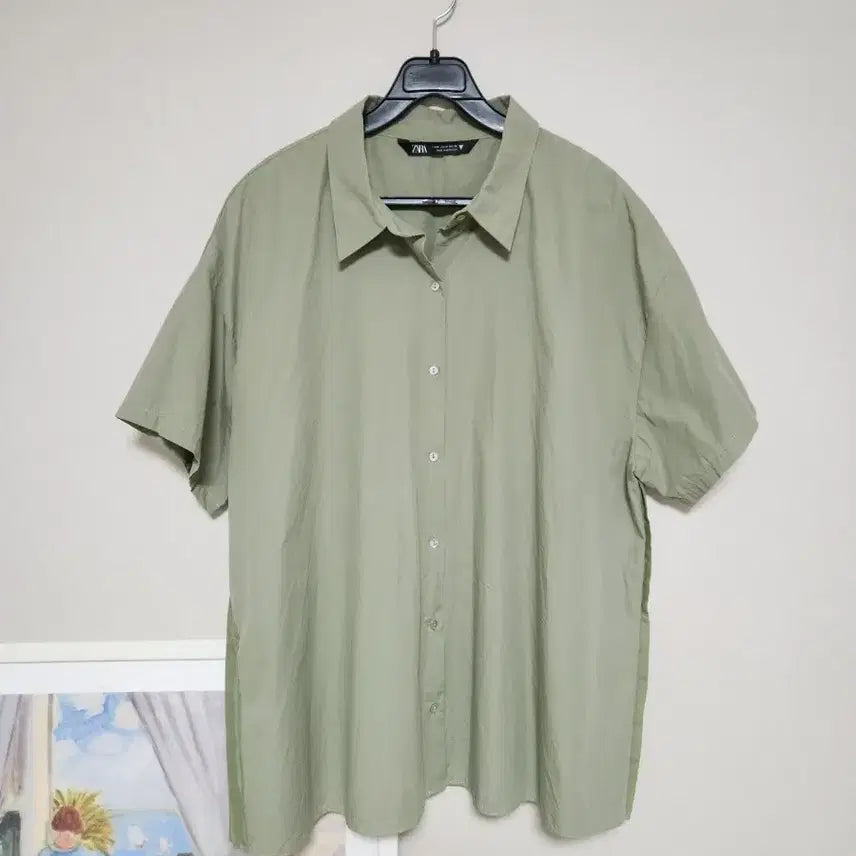 [BUNJANG] ZARA Back Frill Short Sleeve Shirt Khaki L / 자라 뒷면프릴반팔 셔츠 카키색 L