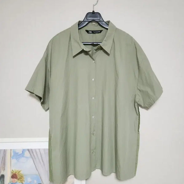 [BUNJANG] ZARA Back Frill Short Sleeve Shirt Khaki L / 자라 뒷면프릴반팔 셔츠 카키색 L