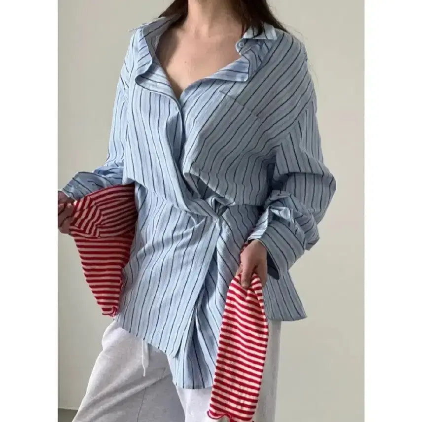 [BUNJANG] Avenue Asymmetric Stripe Shirt - Light Blue, Free Size / 에비뉴 언발 스트라이프 셔츠 - 소라,프리