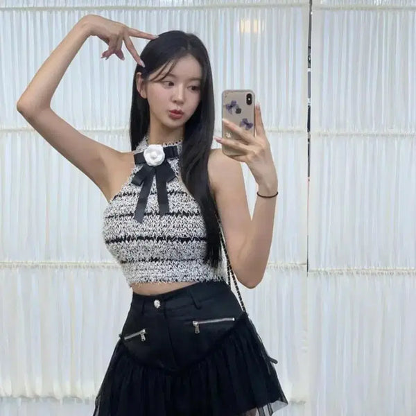 [BUNJANG] Midnight Showroom Tweed Ribbon Crop Knit Top / [BJ금화] 미드나잇쇼룸 수입의류 코코 브롯치 크롭 니트 S