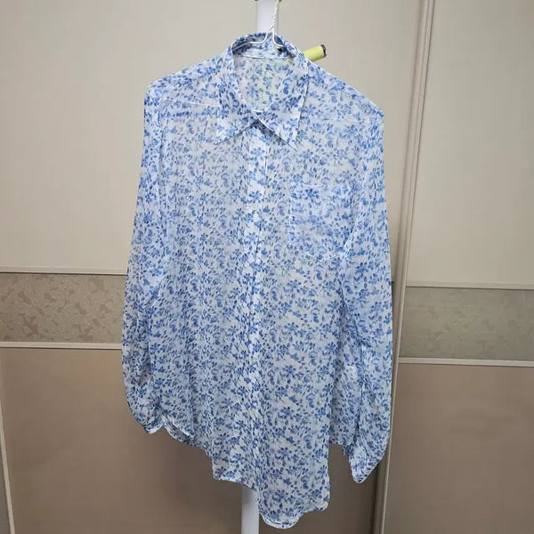 [BUNJANG] Blue Floral Pattern See-Through Shirt / 블루 플라워 패턴 시스루 셔츠