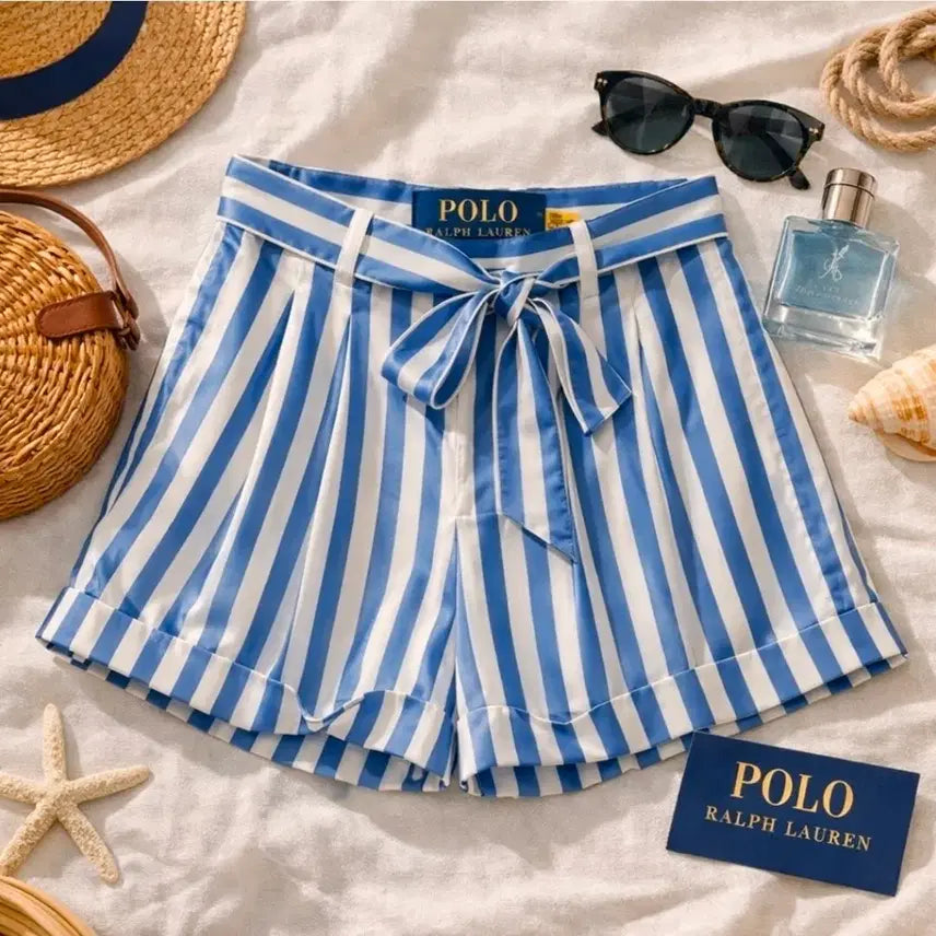[BUNJANG] Polo Ralph Lauren Striped High-Waisted Ribbon Detail Women's Shorts / 폴로 랄프로렌 스트라이프 여자 반바지 블루 0사이즈 339,000 새상품