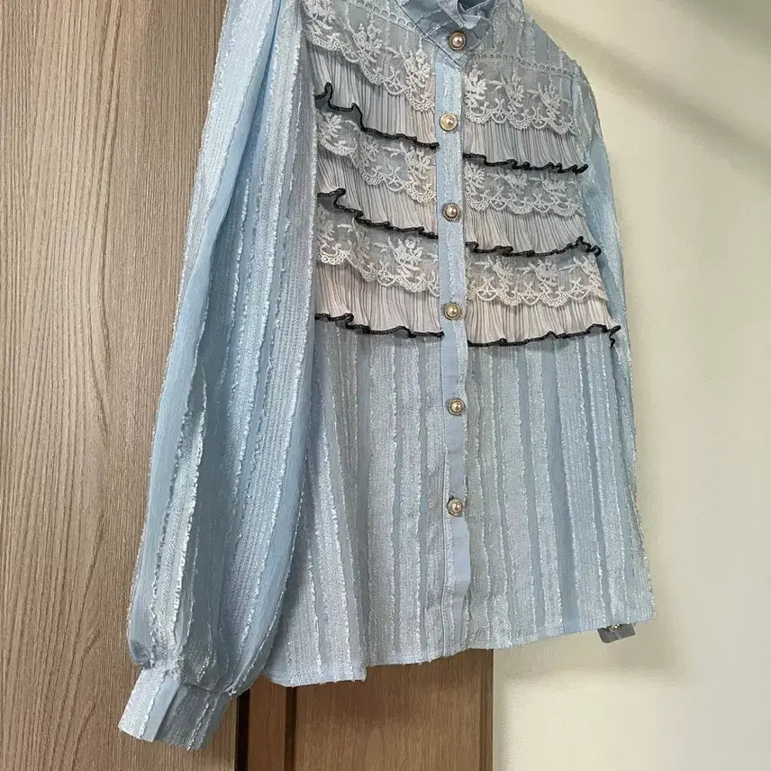[BUNJANG] Sky Blue Lace Ruffle See-Through Blouse / 하늘색 레이스 프릴 시스루 블라우스