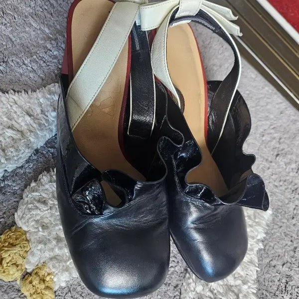 [BUNJANG] Lucky Chouette Black Ribbon Detail Block Heel Mules / 럭키슈에뜨 235