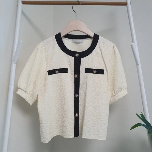 [BUNJANG] J.J. Ggot Color-Blocked Short-Sleeved Blouse / JJ지고트 배색 반팔 블라우스