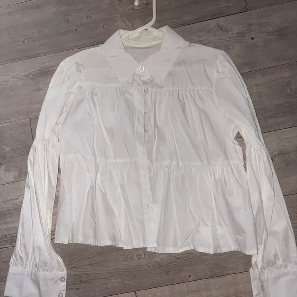 [BUNJANG] White Cropped Ruffle Blouse / 크롭 화이트 캉캉셔츠
