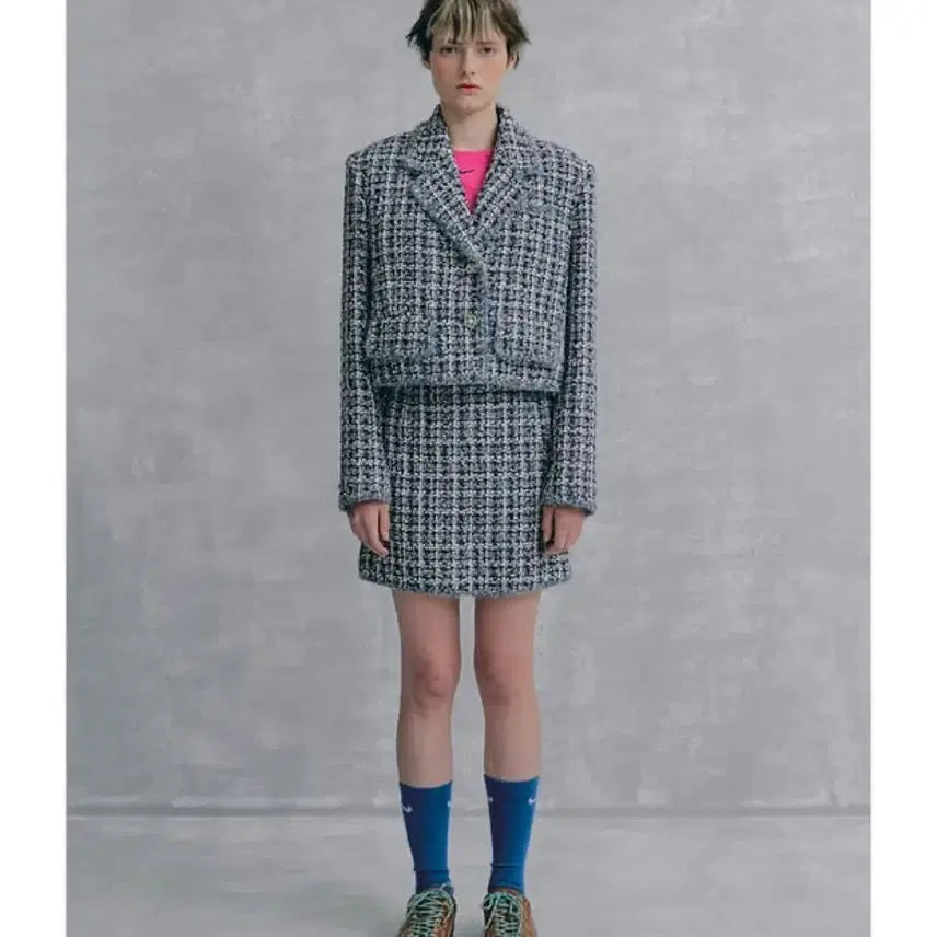 [BUNJANG] Nancy Boo Colour Trimmed Purple Check Tweed Set-up Jacket & Skirt / 낸시부 트위드 셋업 Colour Trimmed Purp