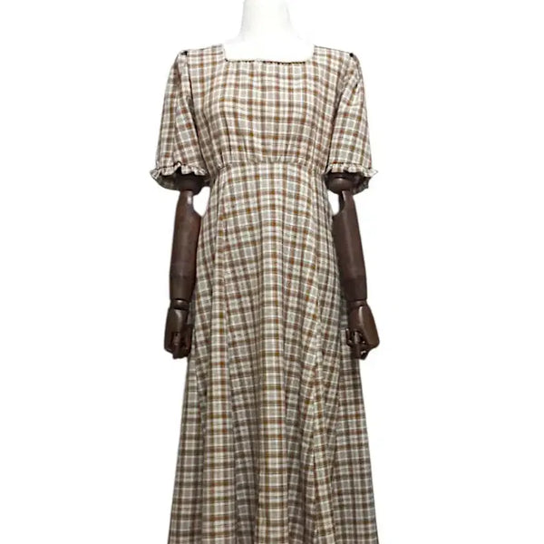 [BUNJANG] Pearl Square Neck Checkered Dress / 진주 스퀘어 넥 체크 원피스