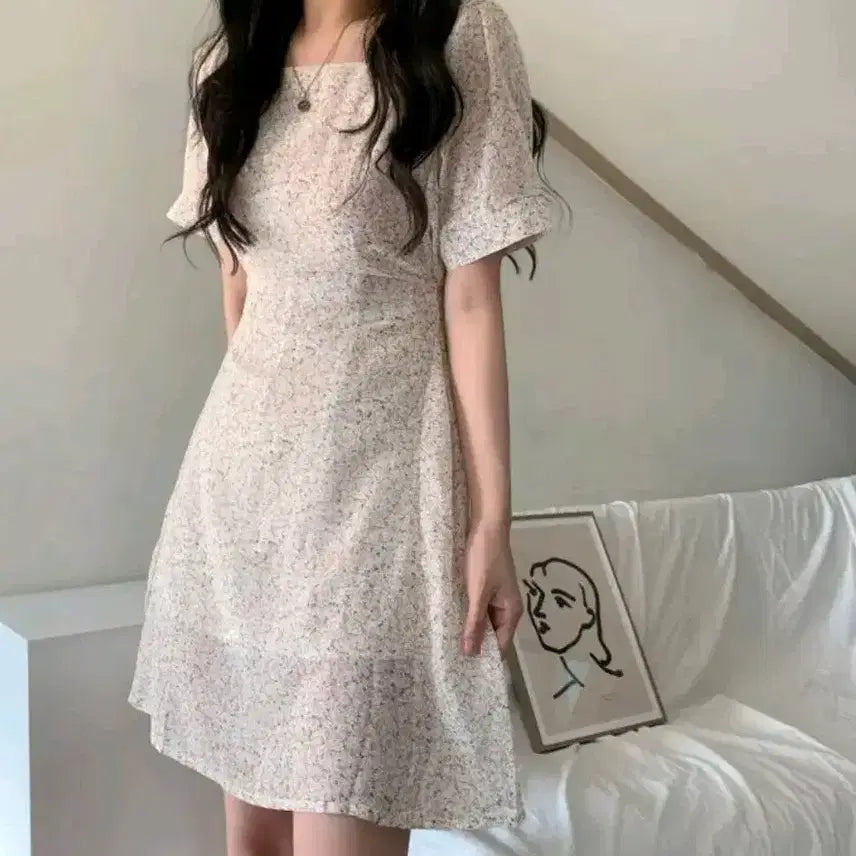 [BUNJANG] Square Neck Flower Mini Chiffon Dress / [새상품] 스퀘어넥 플라워 미니 쉬폰 원피스