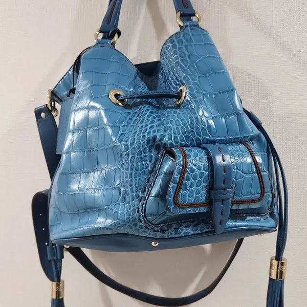 [BUNJANG] Lancel Crocodile Embossed Bucket Bag Blue / LANCEL란셀 악어무늬 복조리백 블루 정품