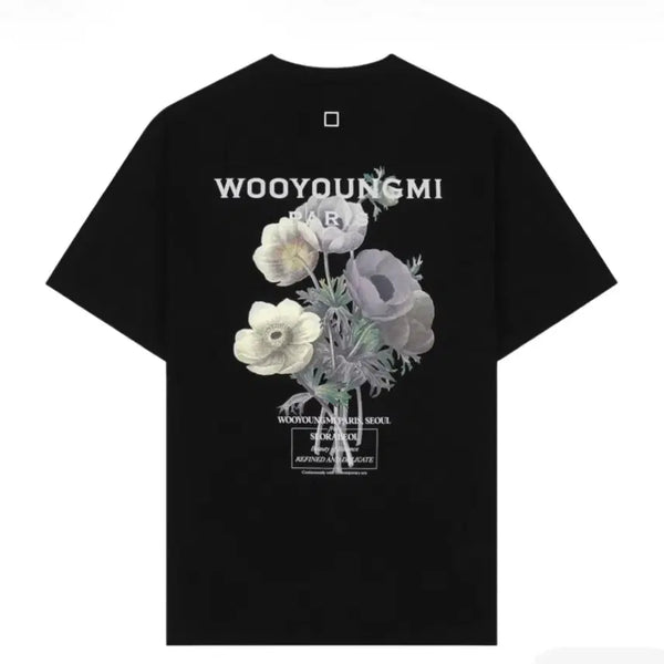 [BUNJANG] Wooyoungmi Flower Print Back Logo Short Sleeve T-Shirt Black / (50) 우영미 플라워 프린트 백로고  반팔 티셔츠 블랙 - 23FW