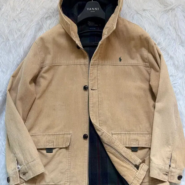 [BUNJANG] Polo Beige Corduroy Hooded Work Jacket / 폴로 / 베이지 코듀로이 후디드 워크 자켓 / 100