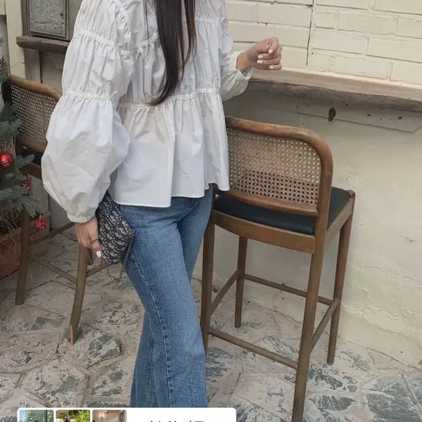 [BUNJANG] OFRANG White Cotton Shirring Puff Blouse / 오브랑 화이트 코튼 셔링 퍼프 블라우스