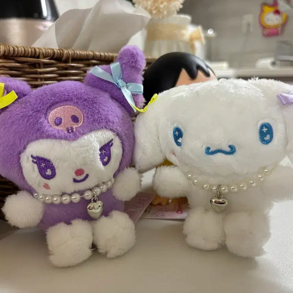 [BUNJANG] Sanrio Kuromi & Cinnamoroll Doll Keychain Set with Pearl Necklace / 정품)쿠로미,시나모롤 인형 진주 목걸이 키링 세트