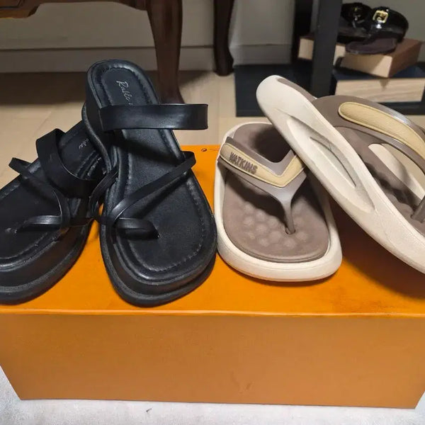 [BUNJANG] Platform Sandals and Flip-Flops Set / 블랙 플랫폼 샌들 / 브라운 쪼리(235)