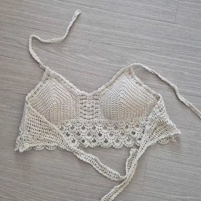 [BUNJANG] Crochet Bikini Top Beige & White / 크로셰 비키니 탑 베이지 & 화이트