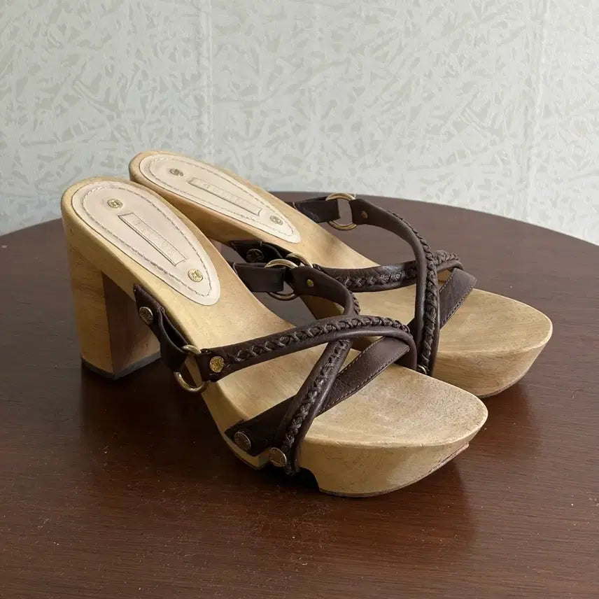 [BUNJANG] Celine Wood & Leather Platform Mules Sandals / 셀린느 우드레더 샌들 230