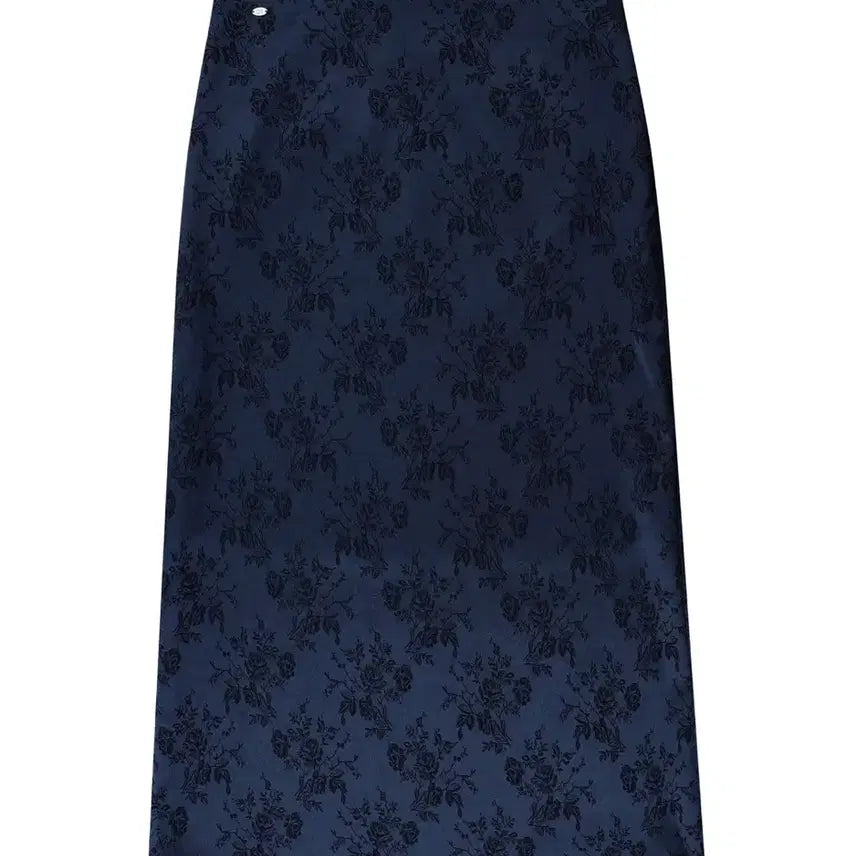 [BUNJANG] Fpalejade Flower Jacquard Satin Skirt Navy / 페일제이드 플라워 자카드 새틴 스커트 네이비