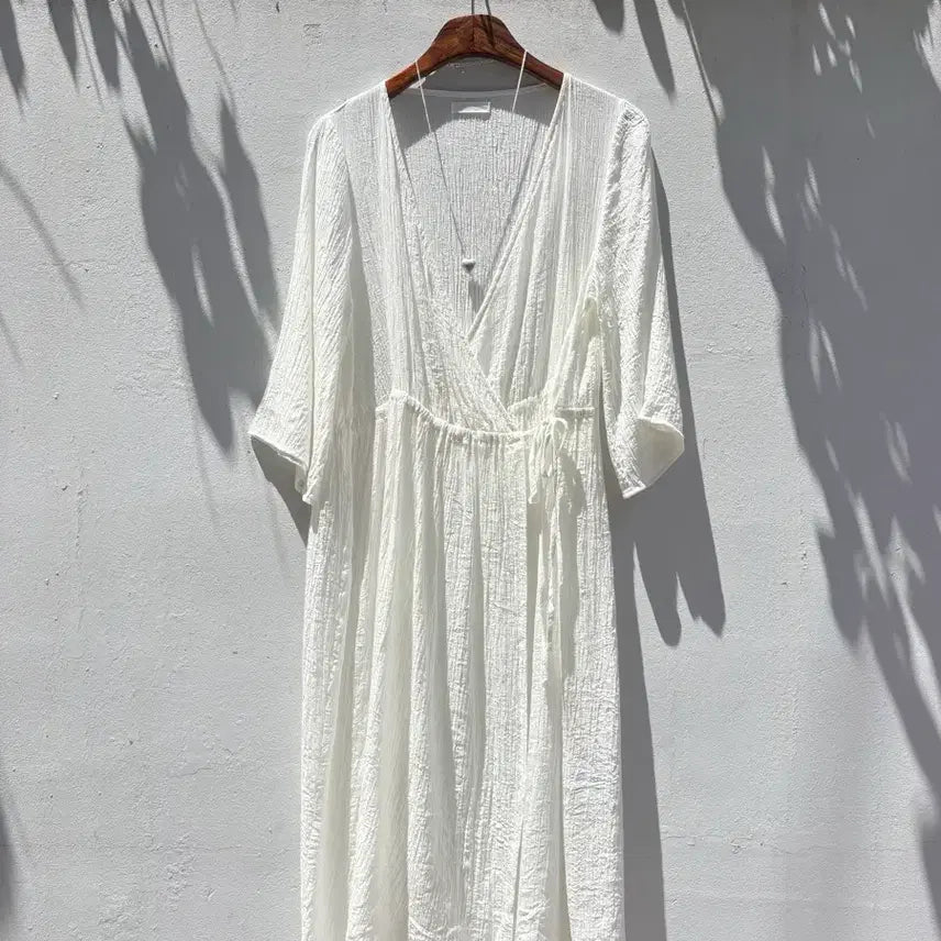 [BUNJANG] INDEX White Creased Wrap Robe Long Dress / INDEX 화이트 크리즈 랩 로브 롱 원피스  JPN