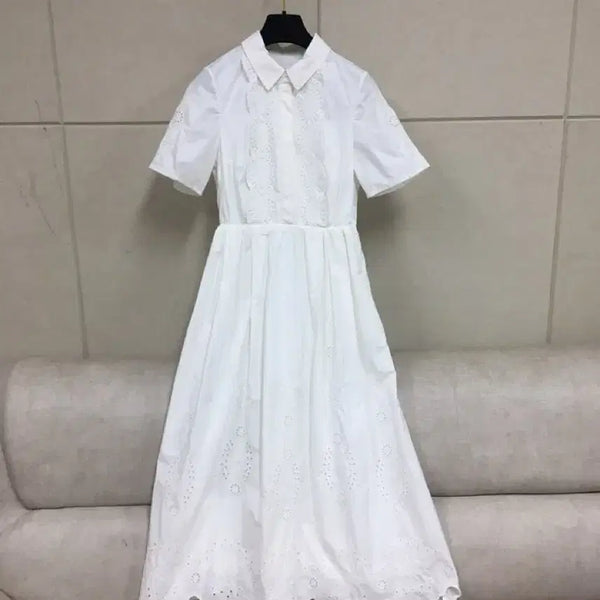 [BUNJANG] Self-Portrait White Punching Lace Short-Sleeve Shirt Collar Long Dress / (정품) 셀프포트레이트 화이트 펀칭 레이스장식  반팔 셔츠카라 롱원피스